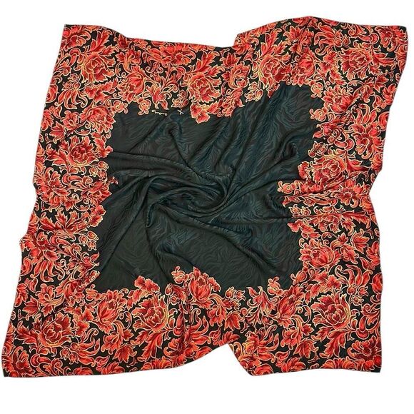 Jeannene Booher Silk Jacquard Scarf Black Red Gold Paisley Floral Hand Rolled - Picture 6 of 14